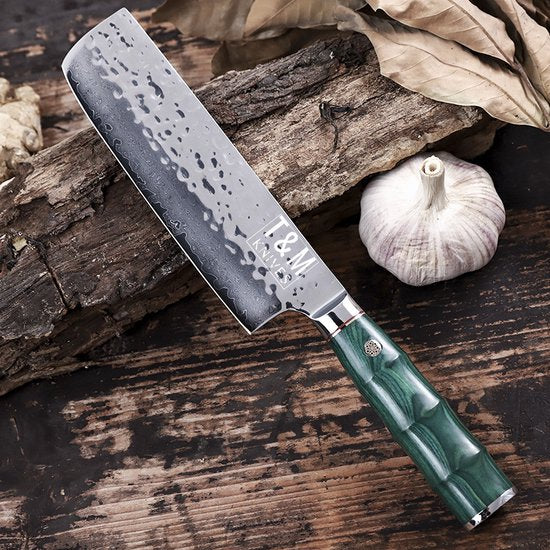 T&M Knives Kochmesser Damaszener Stahl Deluxe - Japanisches Nakiri Hackmesser - Smaragd - Inklusive Geschenkbox mit Premium Schutzhülle Wohnen & Kochen