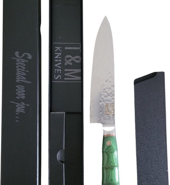T&M Knives Kochmesser Damaszenerstahl Deluxe - Japanisches Kiritsuke Hackmesser - Emerald - Inklusive Geschenkbox mit Premium-Schutzhülle Wohnen & Kochen