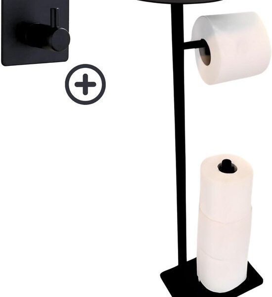 Toilettenpapierhalter stehend - Toilettenpapierhalter mit Plattform - Toiletten-Butler - Luxus-Reservepapierhalter - Handtuchhaken inklusive - Schwarz Wohnen & Kochen