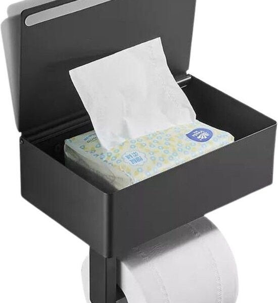 Toilettenpapierhalter - Toilettenpapierhalter - Schwarz - Edelstahl - Kein Bohren - Mit Ablage & Tablett - Inklusive Befestigungsmaterial - Toilettenzubehör - EJC Products Wohnen & Kochen