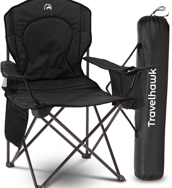 Travelhawk Campingstuhl XL - Zusammenklappbar - Komfortabler Klappstuhl - 158 kg Tragkraft - Getränkehalter - Kühlfach - Angelstuhl - Klappstuhl - Schwarz Hobby & Sport