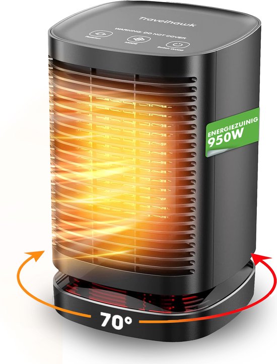 Travelhawk Elektroheizgerät - Keramikheizgerät - 3 Stufen - 950W Heizgerät - Elektroheizgerät mit LED-Anzeige - Rotierend - Schwarz Wohnen & Kochen