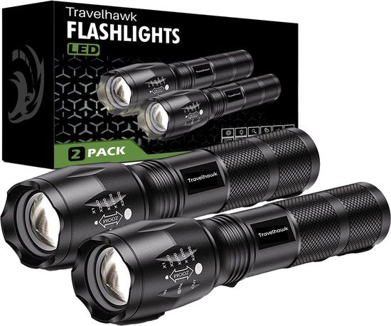 Travelhawk Flashlight - Taschenlampe Led - Taschenlampe Militär - 1000 Lumen - Wasserdicht - 2 Stück Hobby & Sport