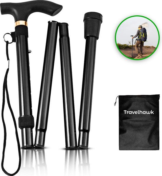 Travelhawk Gehstock - Verstellbar und faltbar - Schwarz - Inkl. Aufbewahrungstasche - Gehstock Elderly Hobby & Sport