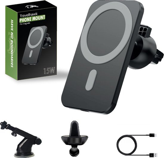 Travelhawk Magsafe Phone Holder Car - Geeignet für iPhone 11/12/13/14/15 - Kabelloses Ladegerät - Handyhalterung Auto - Magsafe Car Holder - Magnetisch - Armaturenbrett - Schwarz Auto & Fahrrad