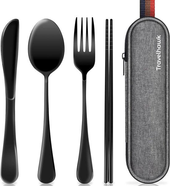 Travelhawk Reisebesteck - Besteck für unterwegs - Besteck zum Mitnehmen - Reisebesteck - Inklusive praktischer Tragetasche - Schwarz Wohnen & Kochen
