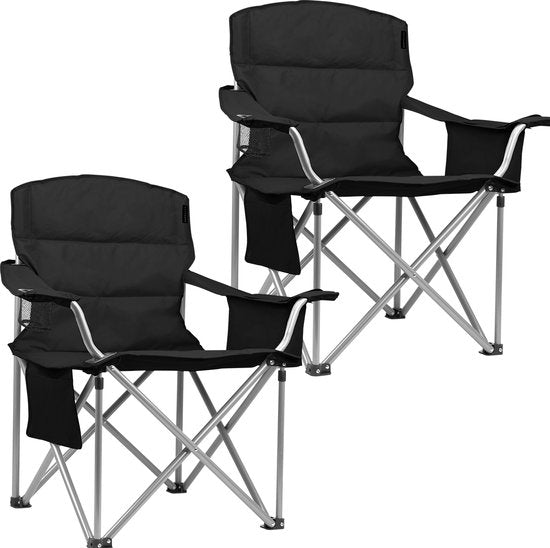 TRVLMORE Campingstühle - Zusammenklappbar - 2 Stück - XL - Klappstühle - 150 kg Belastbarkeit - Getränkehalter - Kühlfach - Seitentasche - Klappstuhl - Schwarz Hobby & Sport