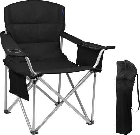 TRVLMORE Campingstuhl - Zusammenklappbar - Komfortabler Klappstuhl - 150 kg Belastbarkeit - Getränkehalter - Kühlfach - Seitentasche - Schwarz Hobby & Sport