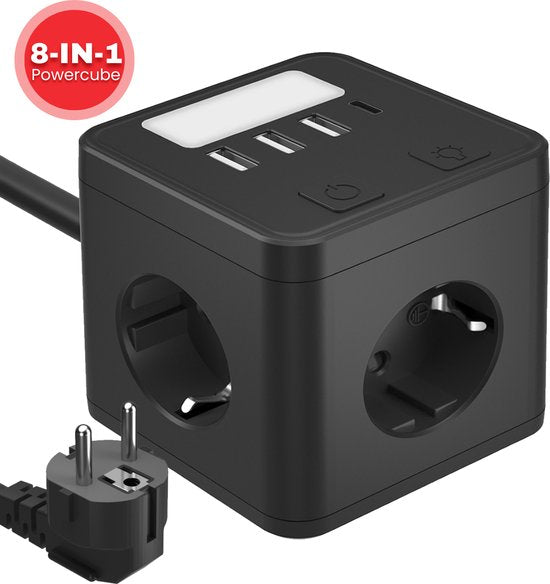 VAIVE Steckdose mit USB und Schalter - Powercube - Steckdosenverteiler - 4 Steckdosen - 3 USB-Ports - 1 USB-C - Schwarz Elektronik