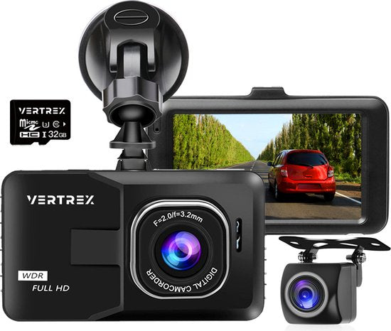 VERTREX Dashcam für Auto 1080P Full HD - Front und Heck - Dashcams - Nachtsicht - G-Sensor - 170° Weitwinkelobjektiv - 3.0" LCD - Bewegungserkennung - Schleifenaufzeichnung - Inkl. 32GB MicroSD Karte Auto & Fahrrad