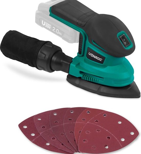 VONROC Akku-Multischleifer - VPower 20V - Ohne Akku & Ladegerät - Inkl. Staubbeutel und 6 Schleifblätter Werkzeuge