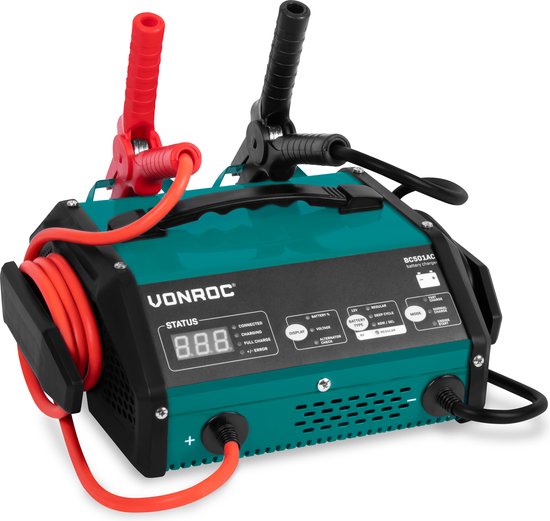 VONROC Batterieladegerät mit Starthilfe - Max. 15A - Für 6V oder 12V Blei-Säure-Batterien Auto & Fahrrad