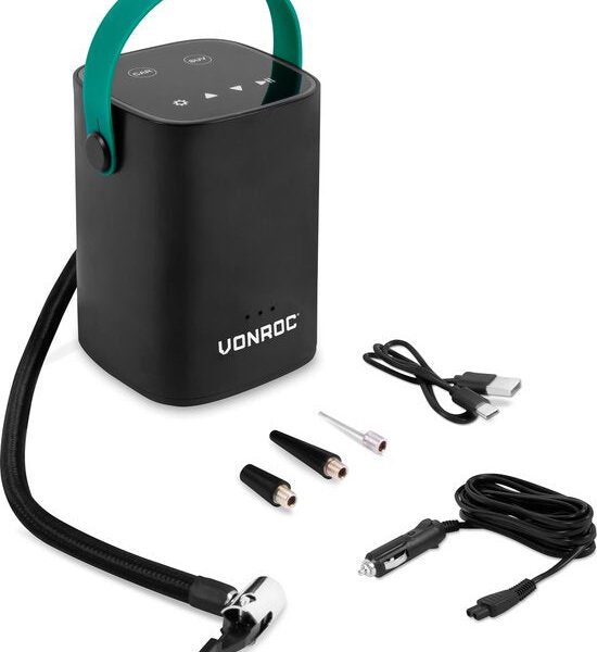 VONROC Kabelloser Mini-Kompressor 12V - Eingebauter 2.0Ah Akku - Digitales Display / Manometer Werkzeuge