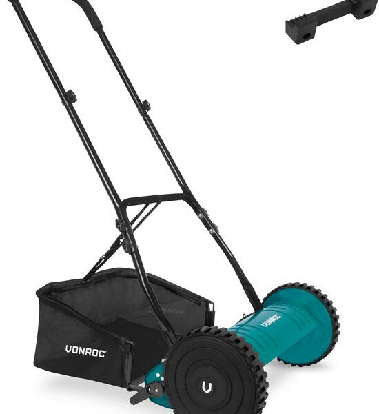 VONROC Käfigmäher - Handrasenmäher - 400mm - 4 verstellbare Schnitthöhen (15-25-31-35mm) inkl. Wandhalterung und Fangsack Haus & Garten
