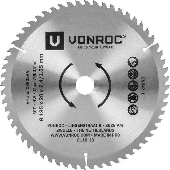 VONROC Kreissägeblatt - 185x20mm - 60 Zähne - Geeignet für Laminat - Universal Werkzeuge
