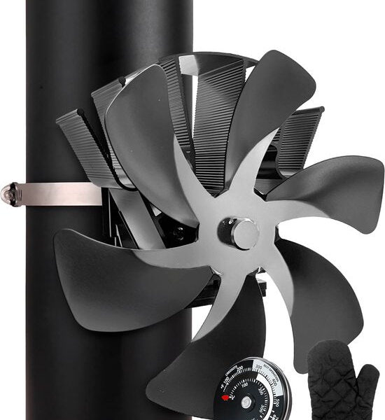 Vulpes Goods® Tech - Ofenventilator für Kaminöfen - Kaminofenventilator - Ecofan - Wärmeventilator - 6 Flügel - Inkl. Thermometer & Handschuh - PRO Version Wohnen & Kochen