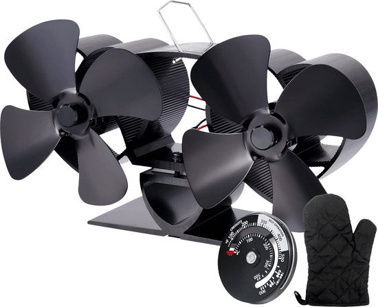 Vulpes Goods® Tech - Ofenventilator für Kaminöfen - Kaminofenventilator - Ecofan - Wärmeventilator - 8 Flügel & 2 Ventilatoren - Inkl. Thermometer & Handschuh - PRO Version Wohnen & Kochen