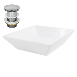 Waschbecken inkl. Ablaufgarnitur Silber ohne Überlauf 41x41x12 cm Weiß aus Keramik ML-Design 2886
