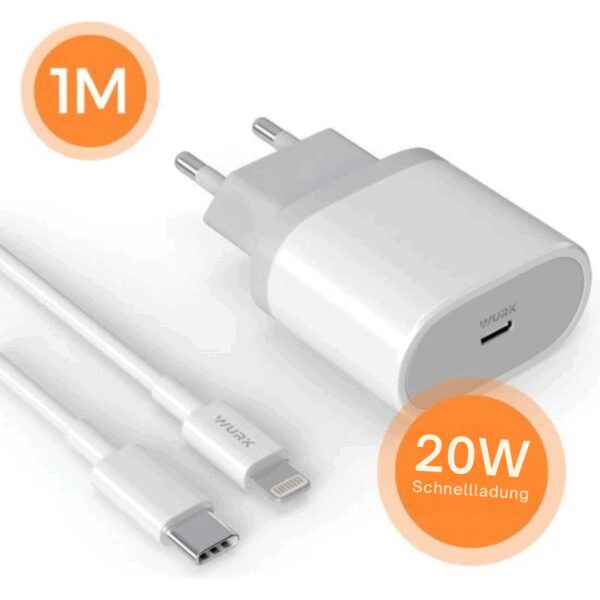 Wurk - Ladegerät - Geeignet für iPhone und iPad - 20W Schnellladegerät - 1M Ladekabel - Weiß Elektronik