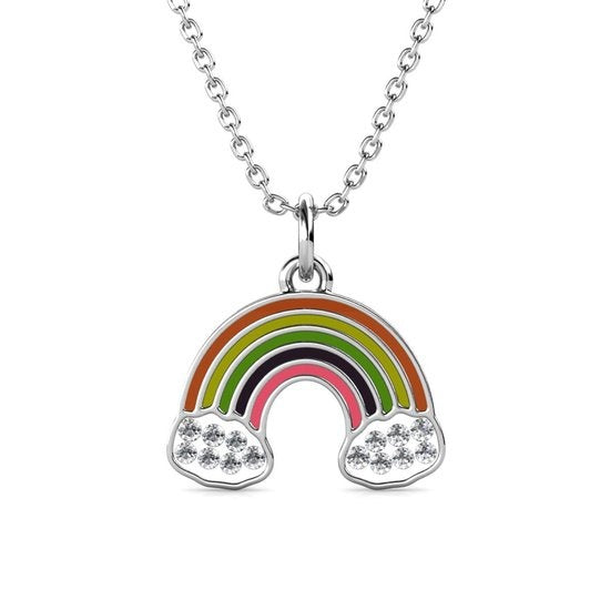 Yolora Kinder-Halskette für Mädchen mit Regenbogen-Anhänger und Kalpa Camaka Kristallen - Farbe Silber - 18K Weißgold vergoldet Geschenke